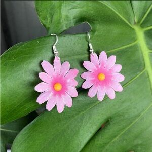 Pink and Yellow Daisy Flower Dangle Earrings